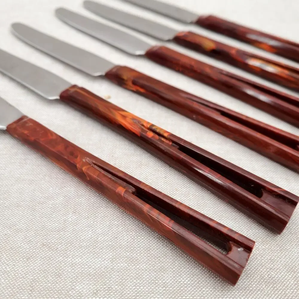 VTG Stanley DeLuxe Steak Knives Set of 6 Stainless - Bakelite Handles Marbled